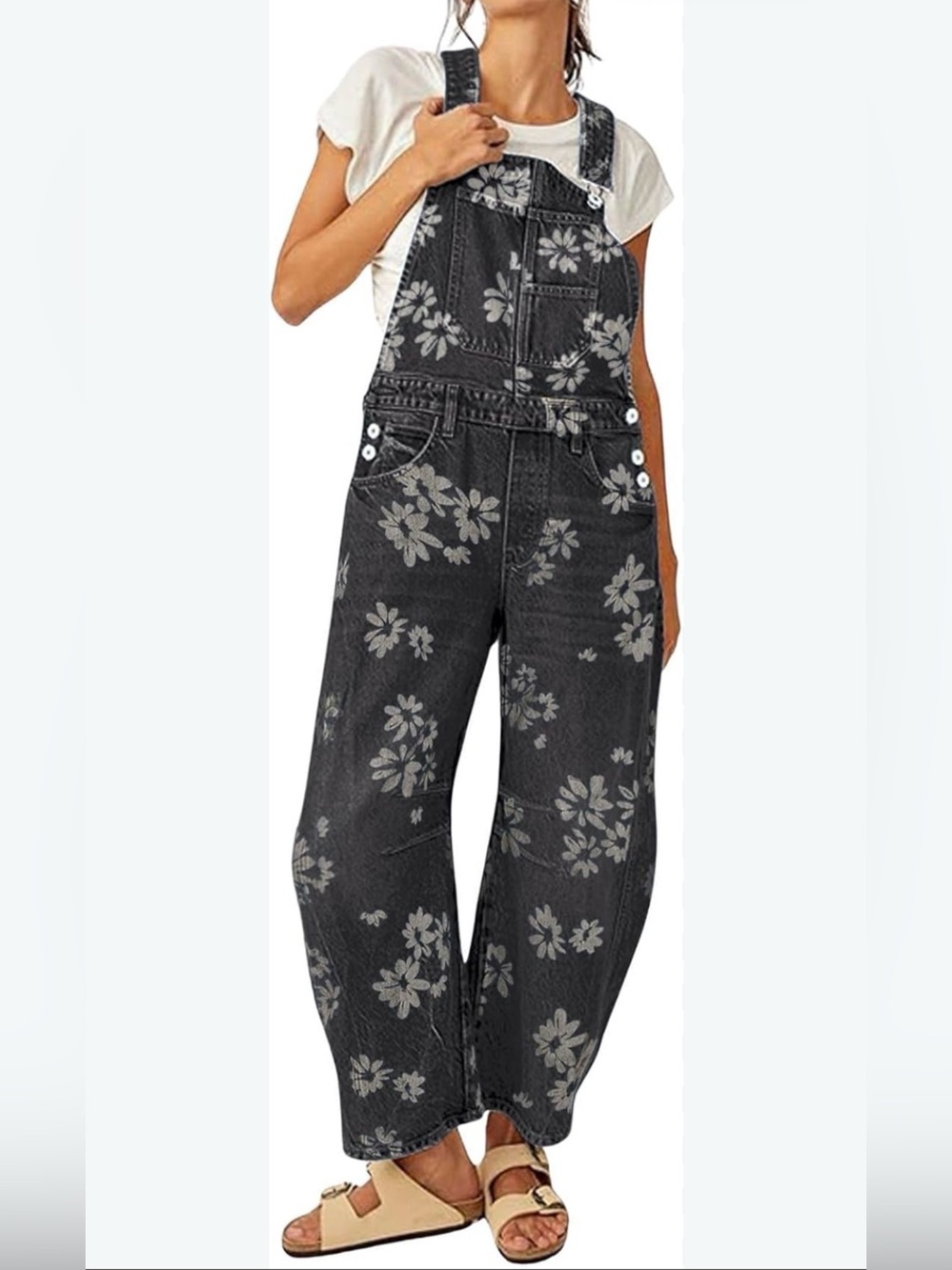 Floral Print Black Denim Overalls for Women